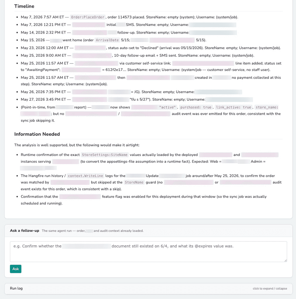 The lower part of an investigation: a timeline, an Information Needed section, and a follow-up box