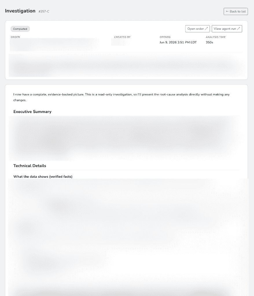 A rendered investigation showing an executive summary followed by technical details with citations